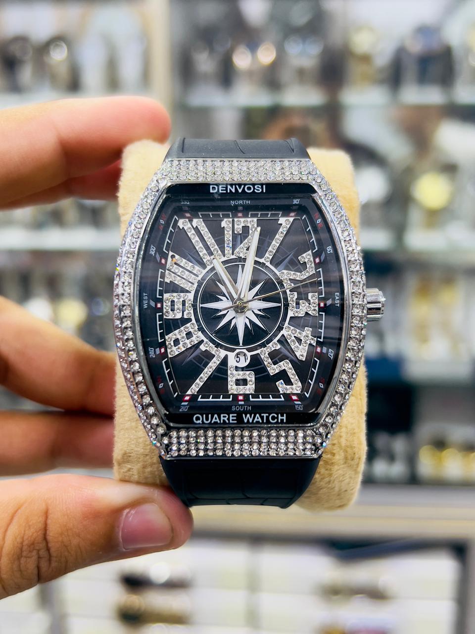 Franck Muller Watch – Black Dial with Diamond Bezel & Black Leather Strap