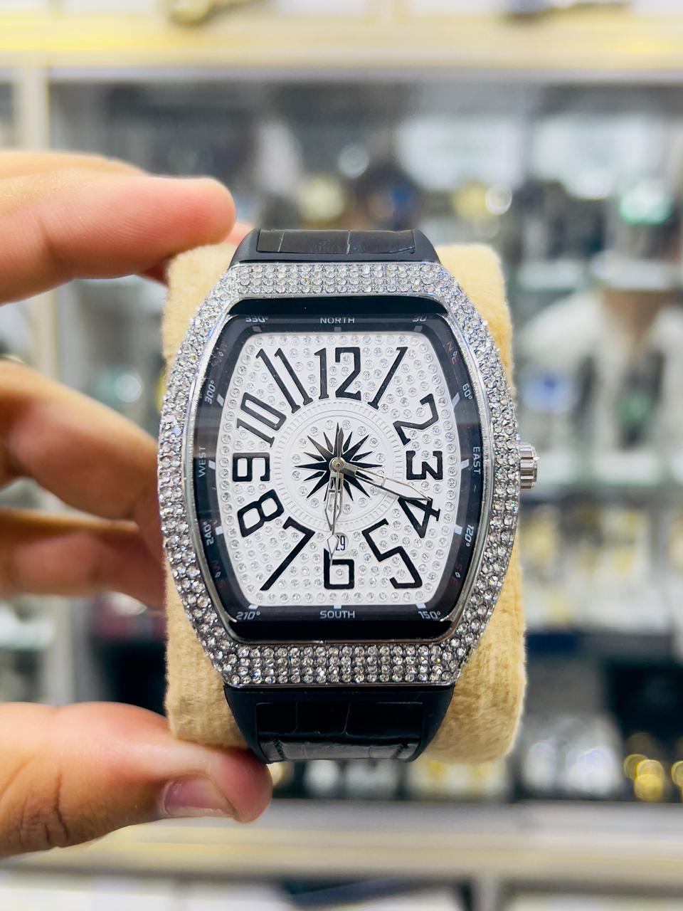 Franck Muller Watch – White Dial with Diamond Bezel & Black Leather Strap
