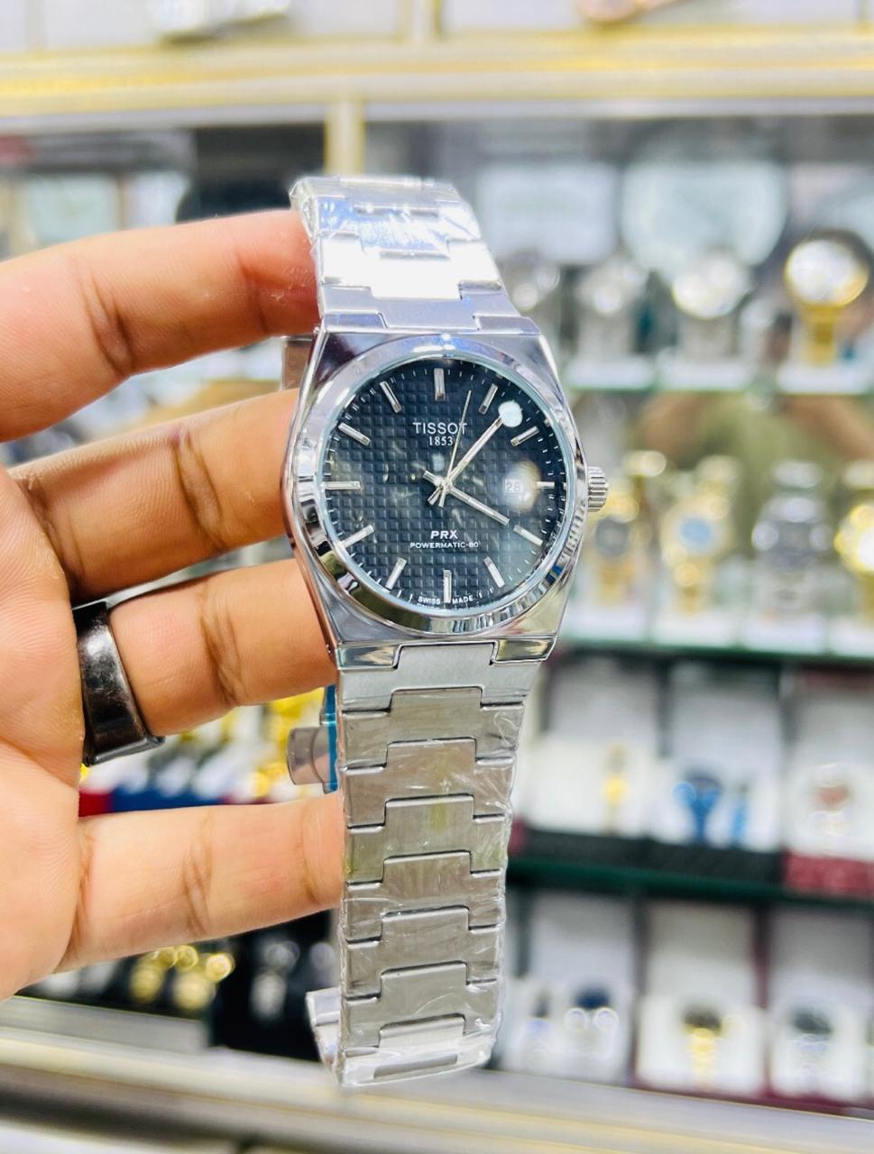 TISSOT PRX BLACK dial with silver chain
