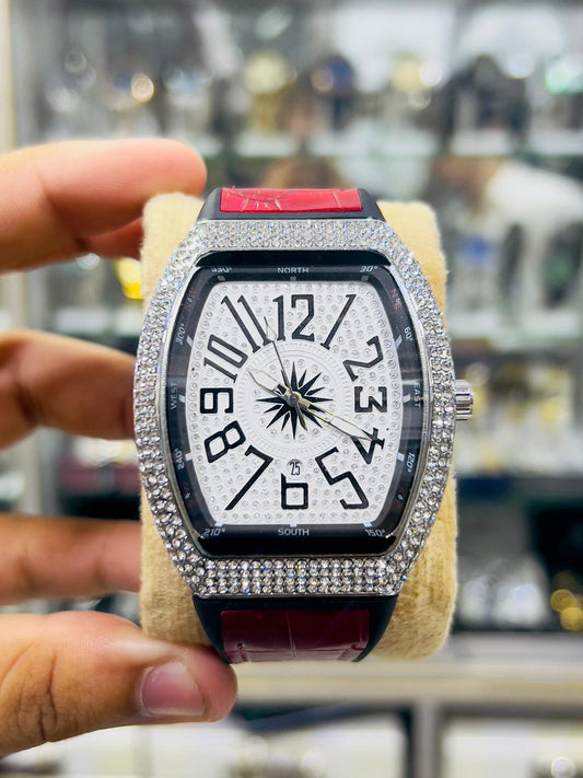 Franck Muller Watch – White Dial with Diamond Bezel & Red Leather Strap With Date
