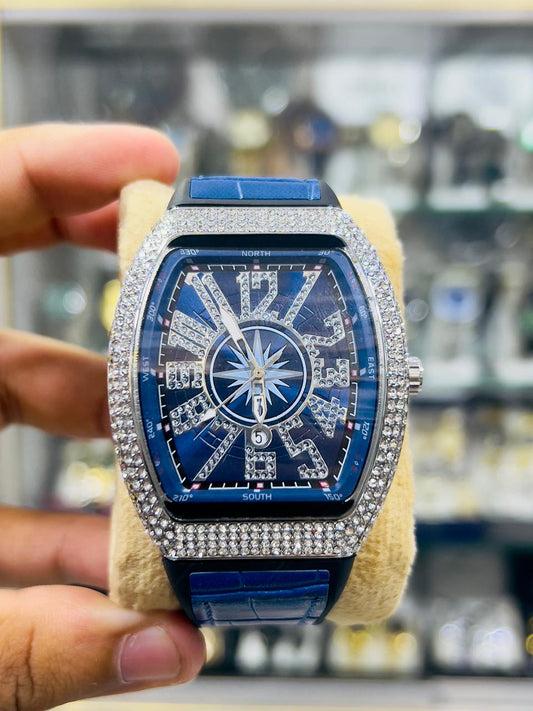 Franck Muller Watch – Blue Dial with Diamond Bezel & Blue Leather Strap With Date