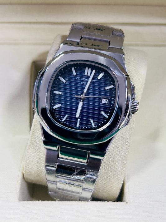 pp silver with blue dial with date