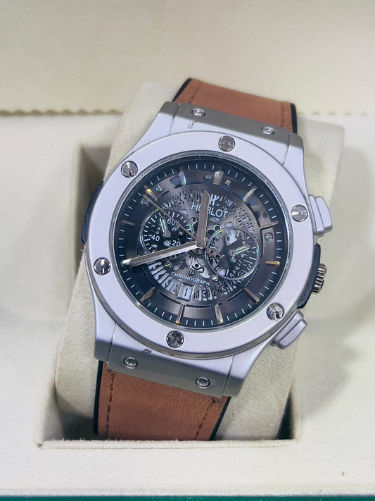Hublot Watch - Brown Leather Strap & Black Dial with date