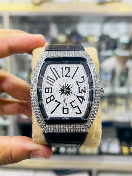 Franck Muller Watch – White Dial with Diamond Bezel & Black Leather Strap