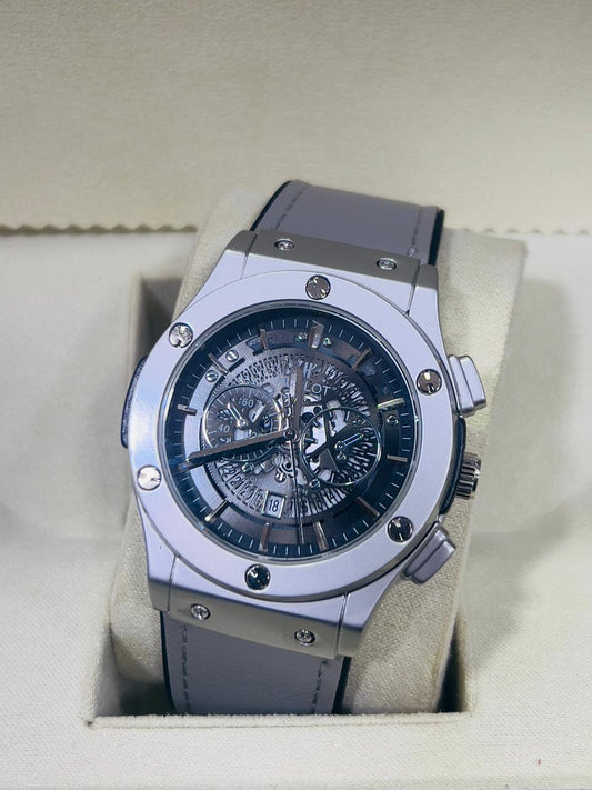 Hublot Watch - Gray Leather Strap & Black Dial with date