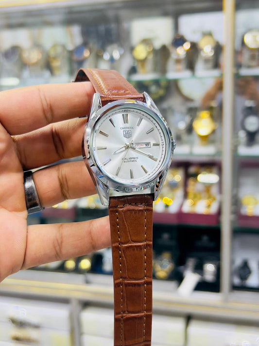 Carrera Automatic - White dial & Brown Leather Strap with Day and Date