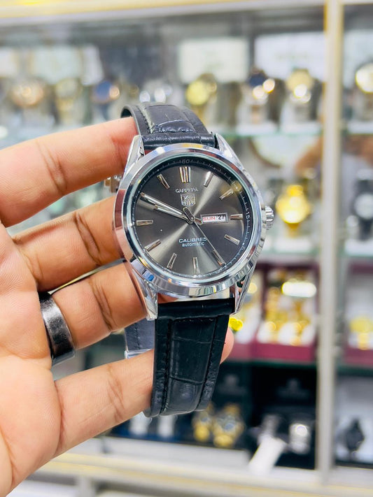 Carrera Automatic - black dial & Black Leather Strap with Day and Date